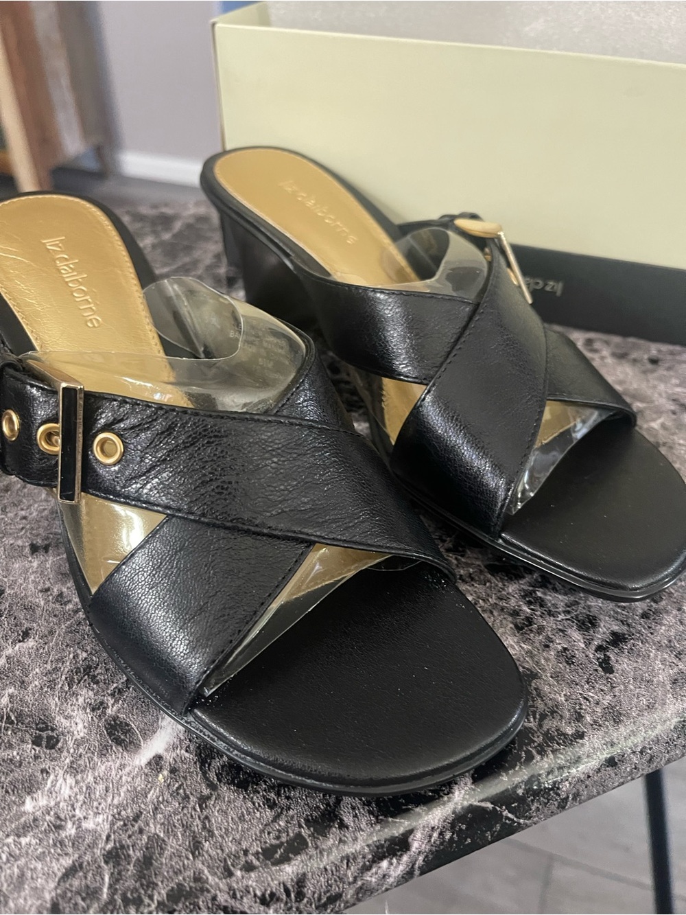 Liz Claiborne Black Leather Crisscross Slide Heels NWT